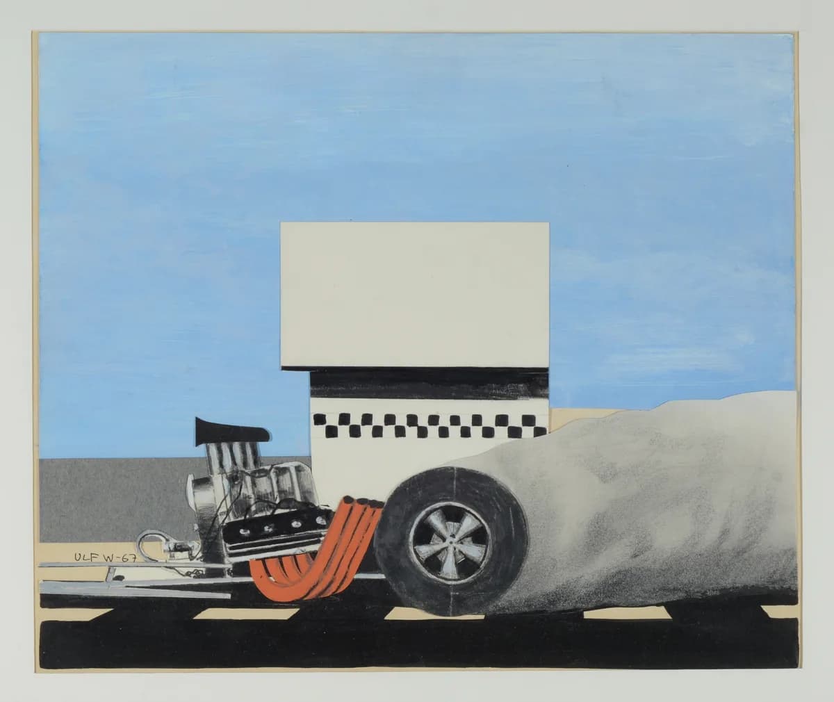 A stylized front section of a drag racing car in collage technique, showing the engine, exhaust headers, and a large rear tire against a desert-like background.