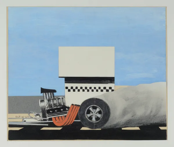 A stylized front section of a drag racing car in collage technique, showing the engine, exhaust headers, and a large rear tire against a desert-like background.