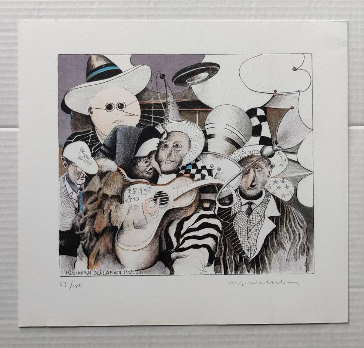 A densely packed group of figures with exaggerated faces and hats. Drawn in greys, browns and lilac.