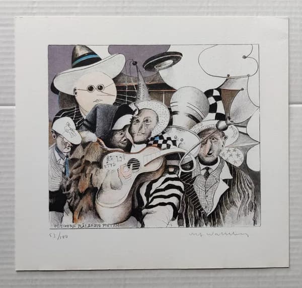 A densely packed group of figures with exaggerated faces and hats. Drawn in greys, browns and lilac.