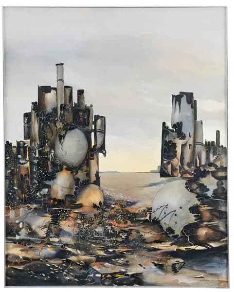 A surreal landscape in muted earth tones with decaying, organically shaped towers and debris scattered along a shoreline at dusk.