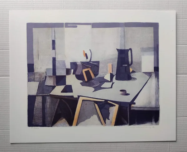 A still life in a room, seen from a raised angle. A dark jug, a small cup and a leaning framed picture stand on a pale table, surrounded by angular forms in violet, blue-grey and white with touches of orange and yellow.