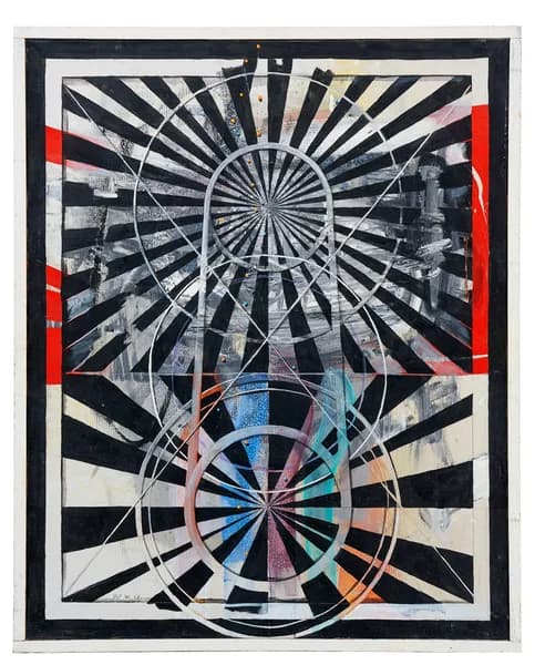 An abstract painting with concentric circles and radiating patterns in black and white, with touches of red, blue, and orange.