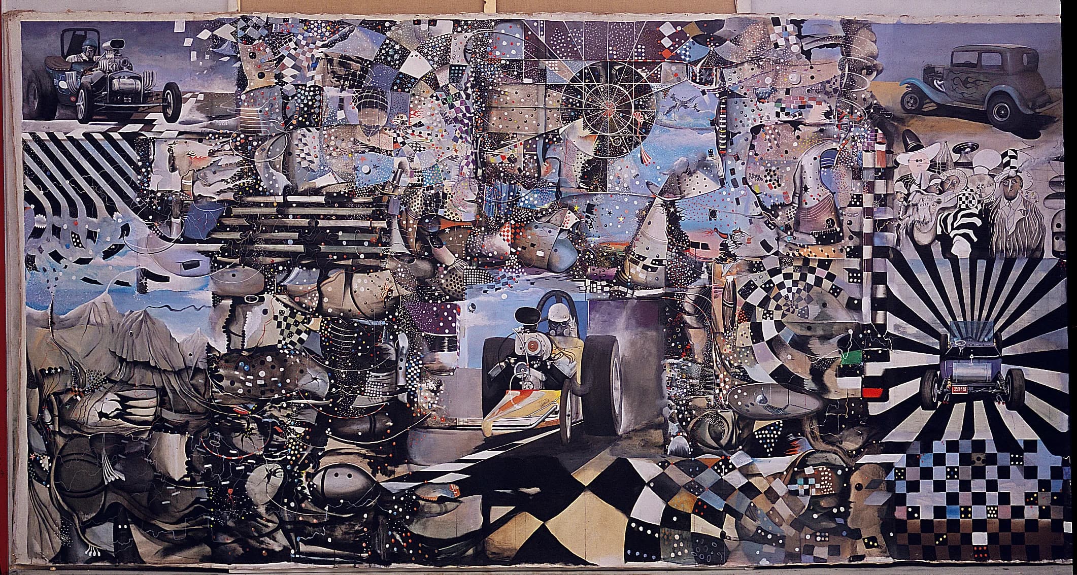 A wide black-and-white and muted-tone collage featuring drag racing cars, a mountain landscape, checkered patterns, radiating star patterns, and stylized harlequin figures.